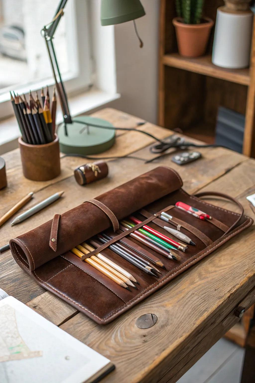 A chic leather pencil roll for the organized artist.