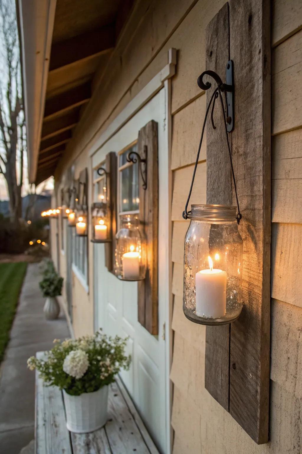 Rustic mason jar sconces add a charming glow to any country home.