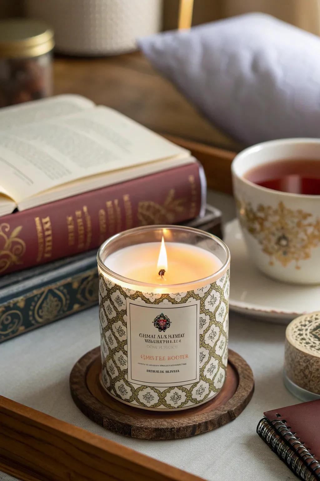 A custom scented candle creates a soothing atmosphere.