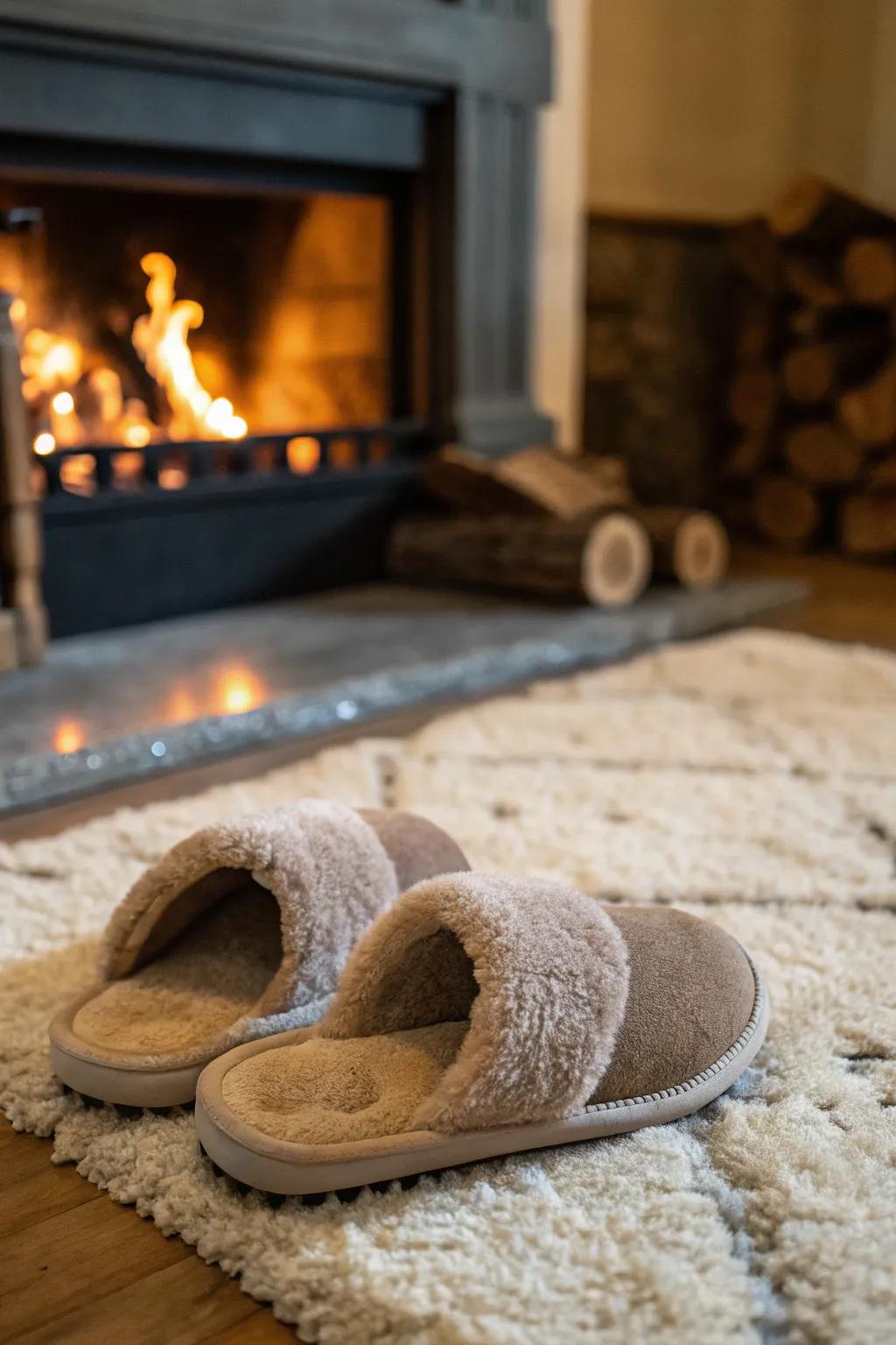 Cozy fleece slippers provide ultimate comfort for relaxing evenings.