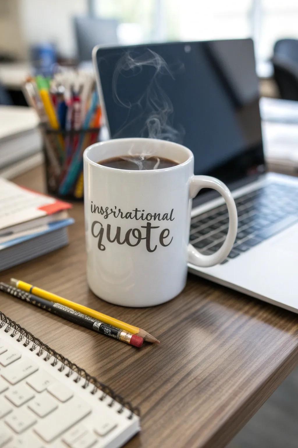 A personalized coffee mug adds a touch of motivation to every sip.