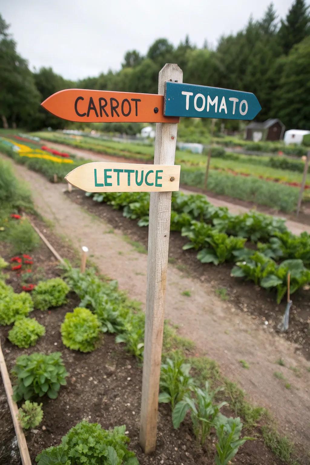 Handcrafted garden markers add a personal touch to any vegetable garden.