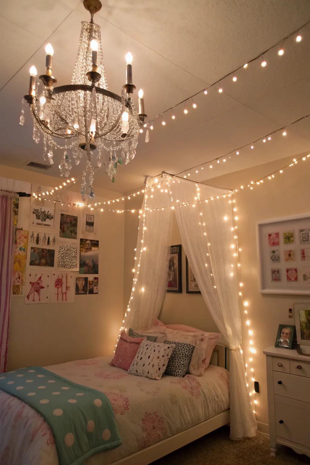 A girl's bedroom featuring a whimsical chandelier and decorative string lights.