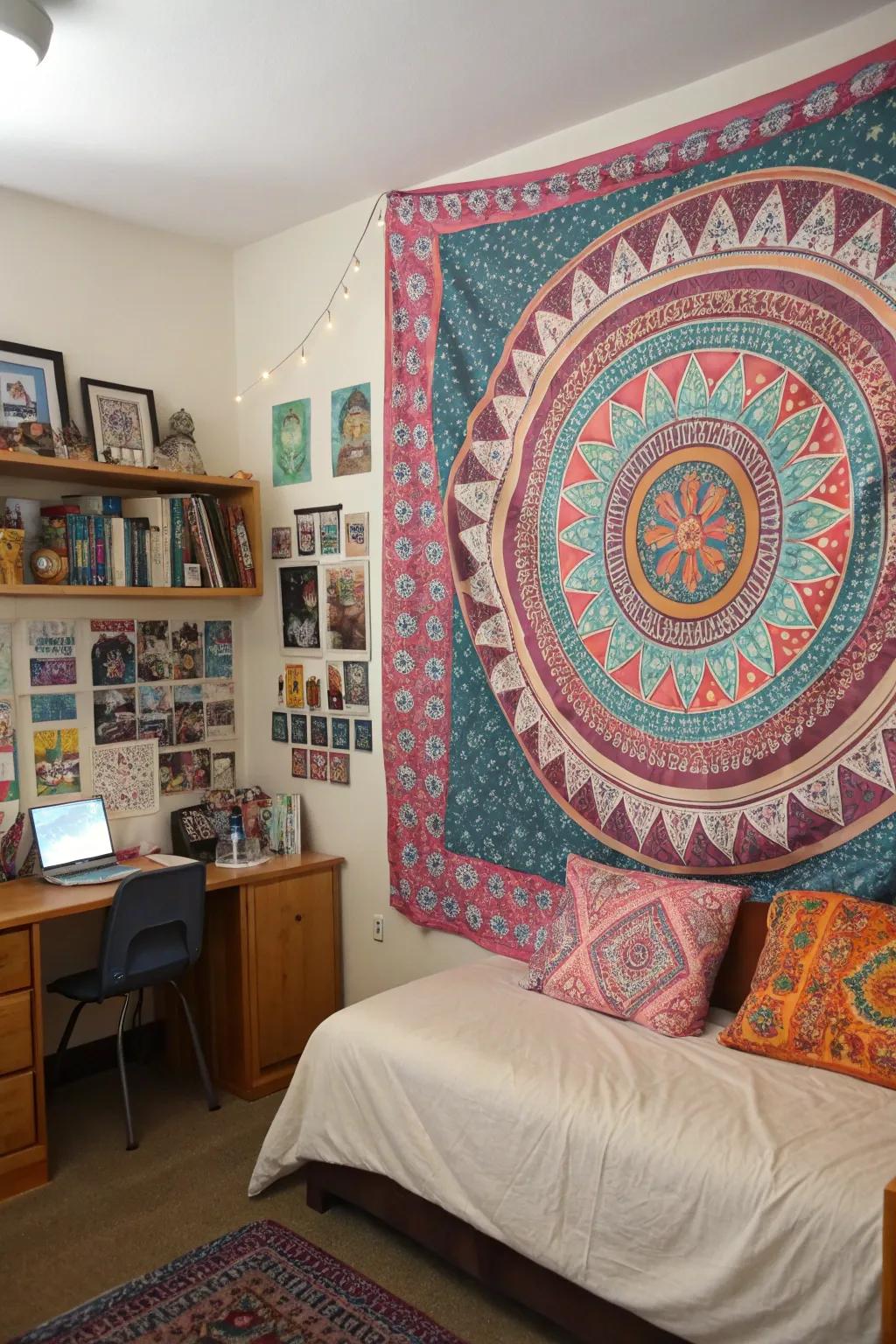 A tapestry can be a striking focal point in a dorm room.