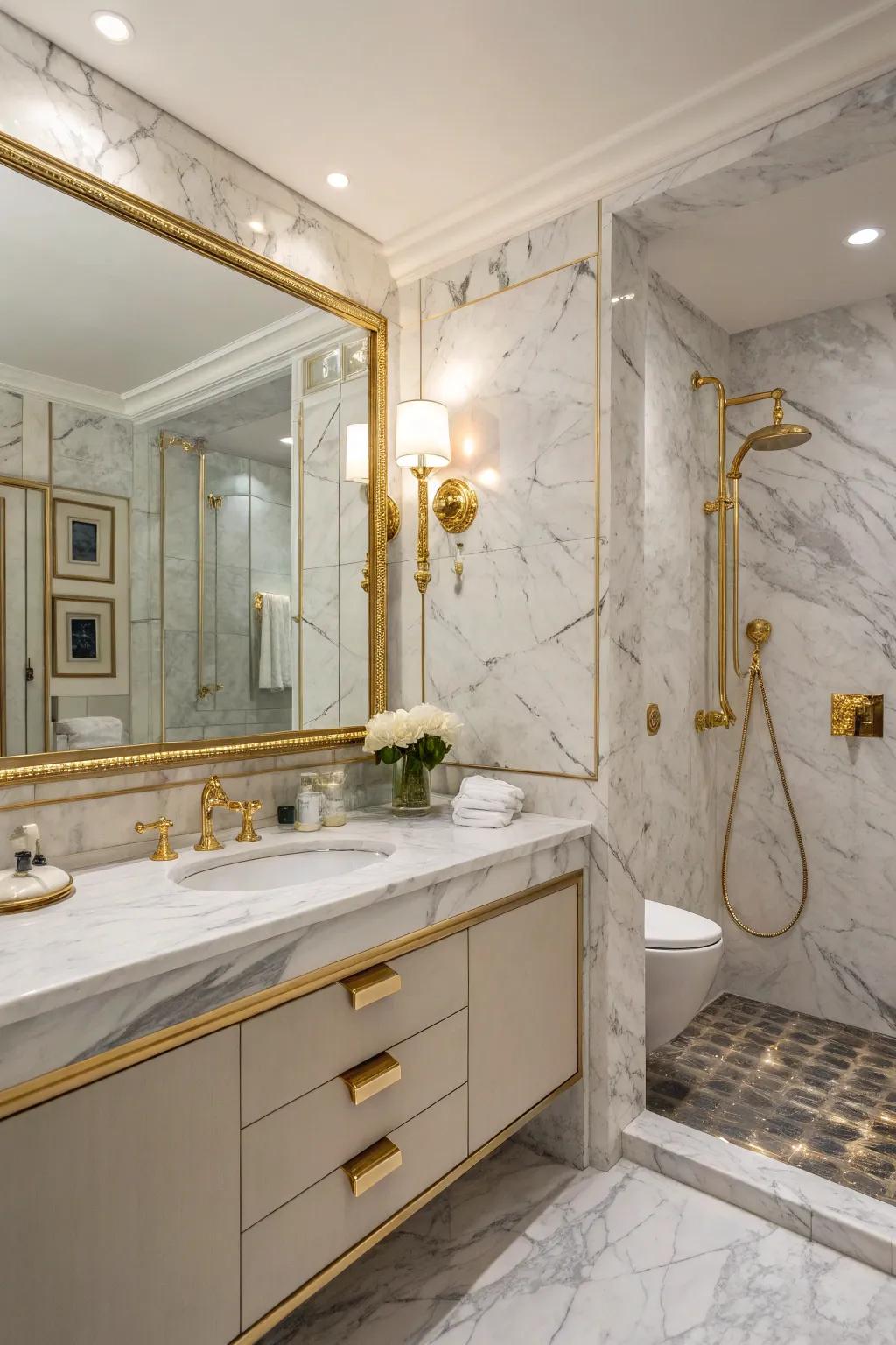 A luxurious marble and gold bathroom.