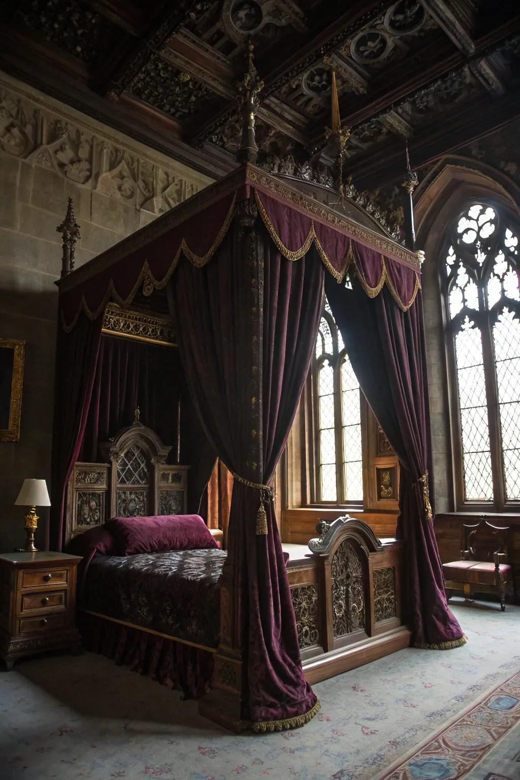 A dramatic canopy bed adds elegance and a touch of medieval charm.