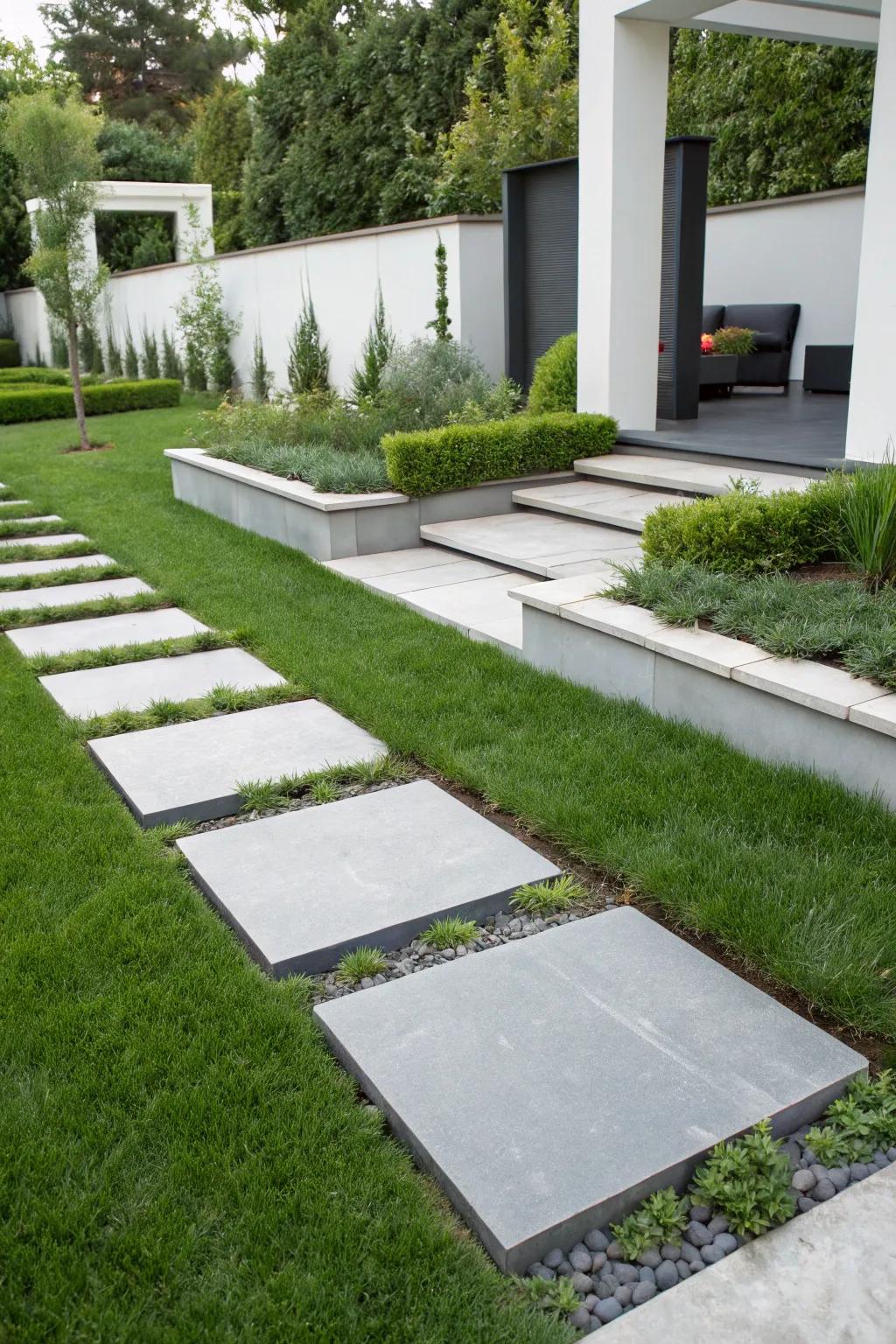 Modern granite stepping stones over grass.