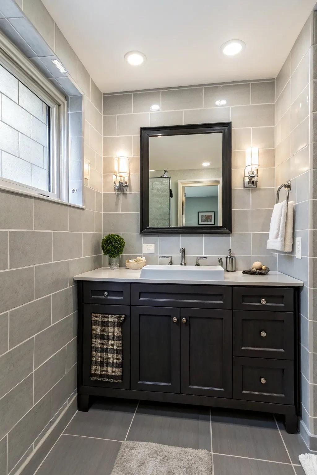 A dark vanity beautifully contrasts with light gray tiles.