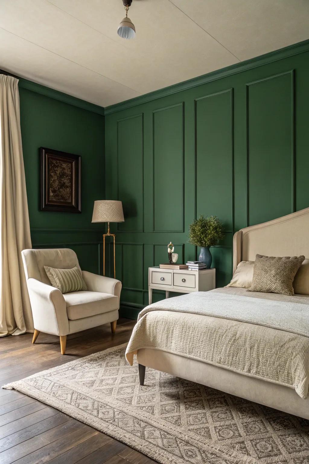 A green accent wall adds depth and character to the bedroom.