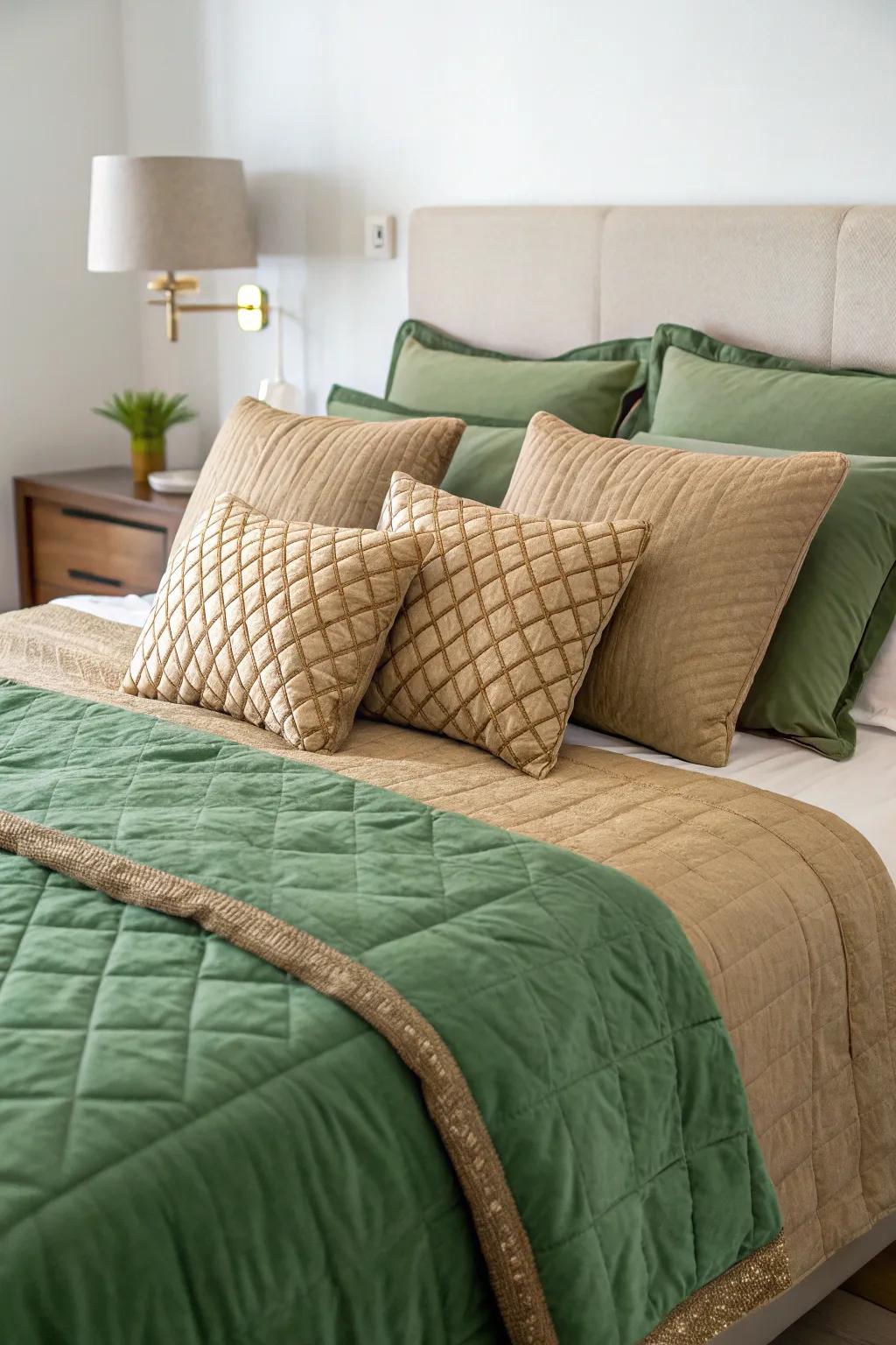 Earth-toned bedding in green and tan creates a layered, cozy look.