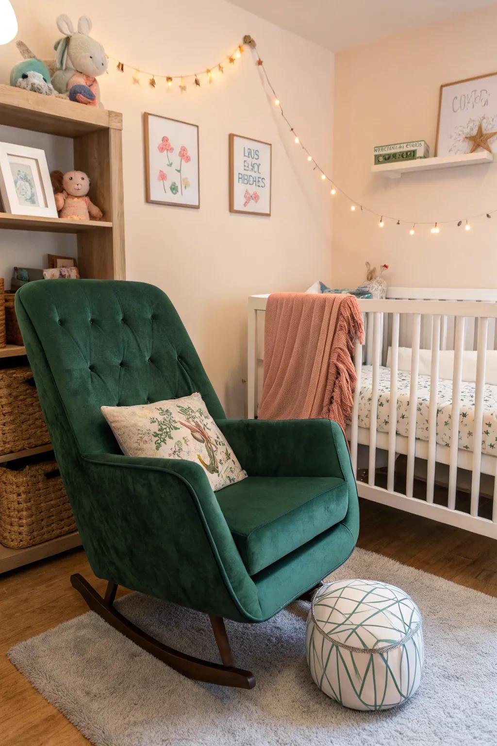 A luxurious deep green velvet rocking chair perfect for a cozy nursery.