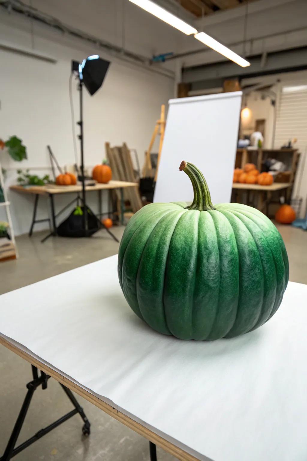 Ombre green pumpkin providing a modern aesthetic in the art studio.