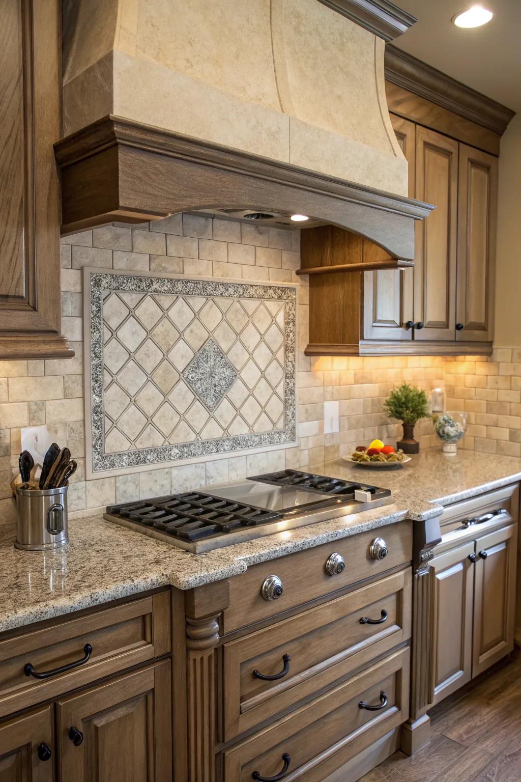 A beige backsplash with grey accents adds subtle character to the kitchen.