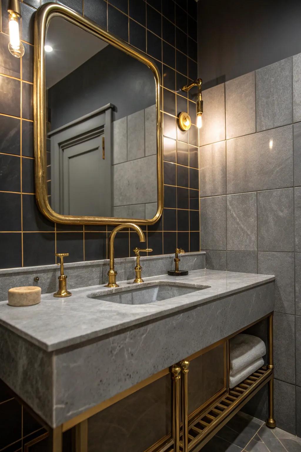 Warm metals provide a luxurious contrast to gray bathroom surfaces.