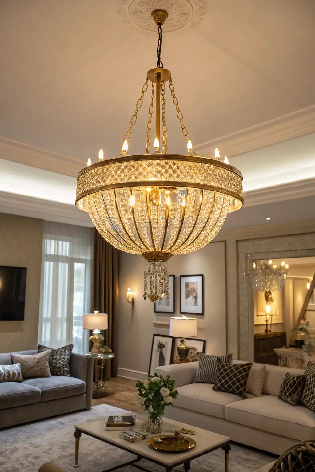 A living room illuminated by a stunning gold chandelier.