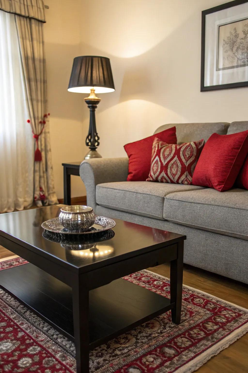 Black statement furniture pieces add elegance to this grey and red living room.