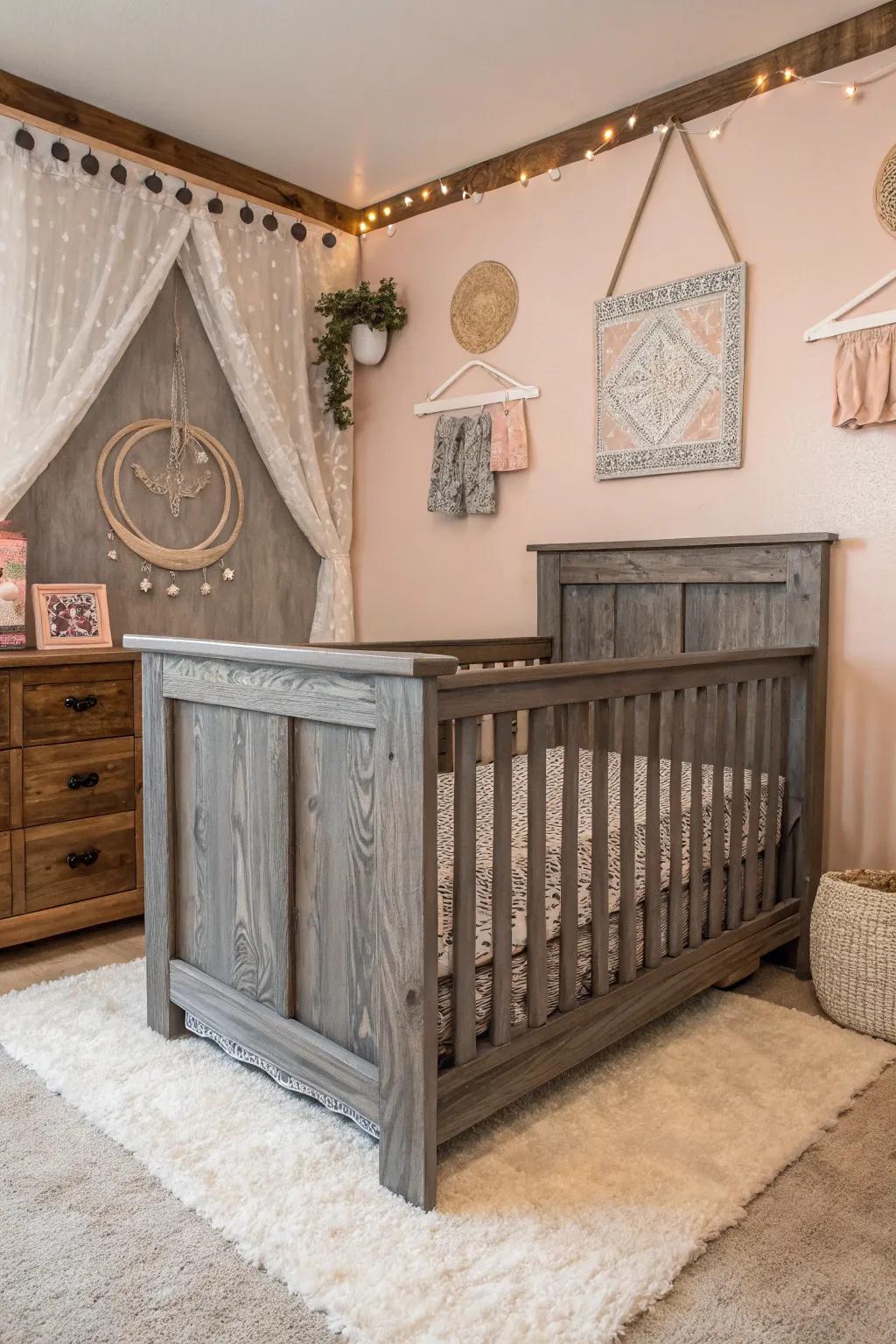 A rustic-themed nursery with a charcoal grey crib as the focal point.