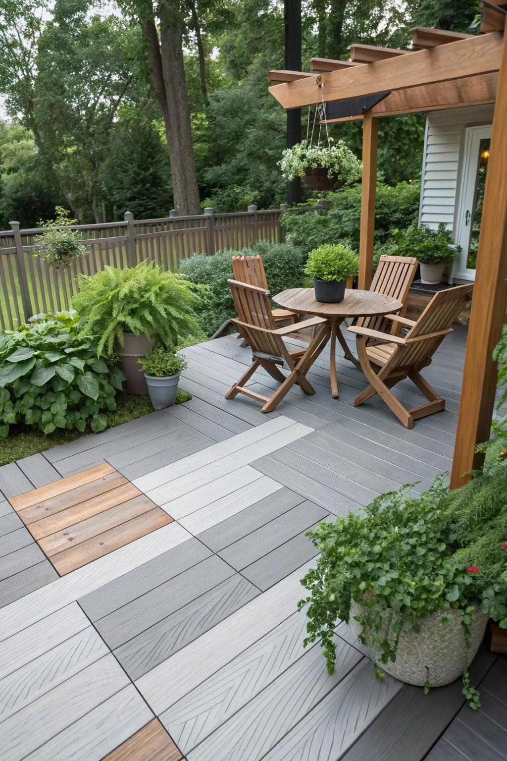 A harmonious blend of grey and wood tones for a natural yet modern deck.