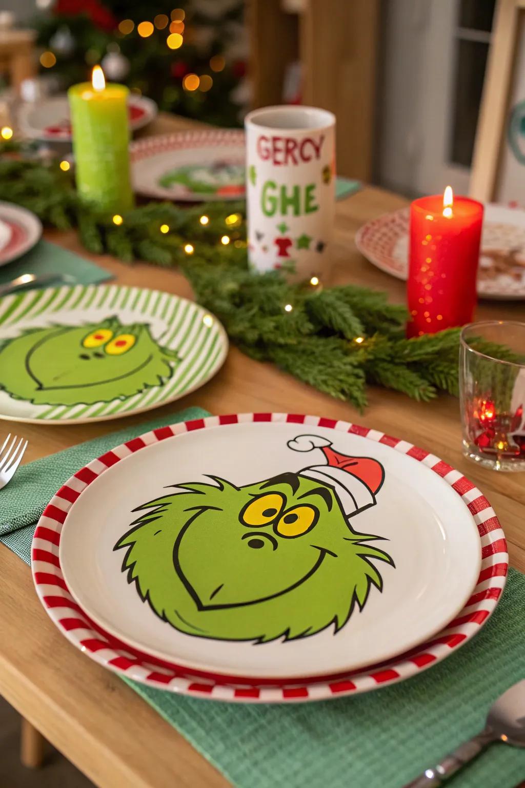 Grinch-themed plates making a whimsical statement on the table.