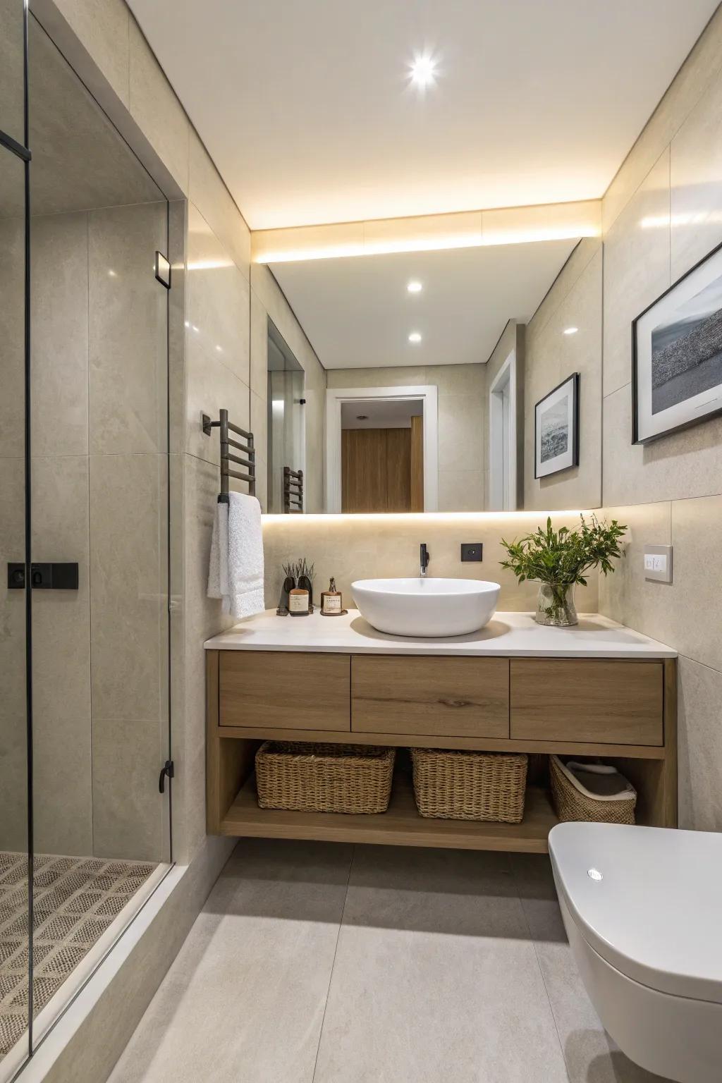 A floating vanity keeps the floor space open and airy.