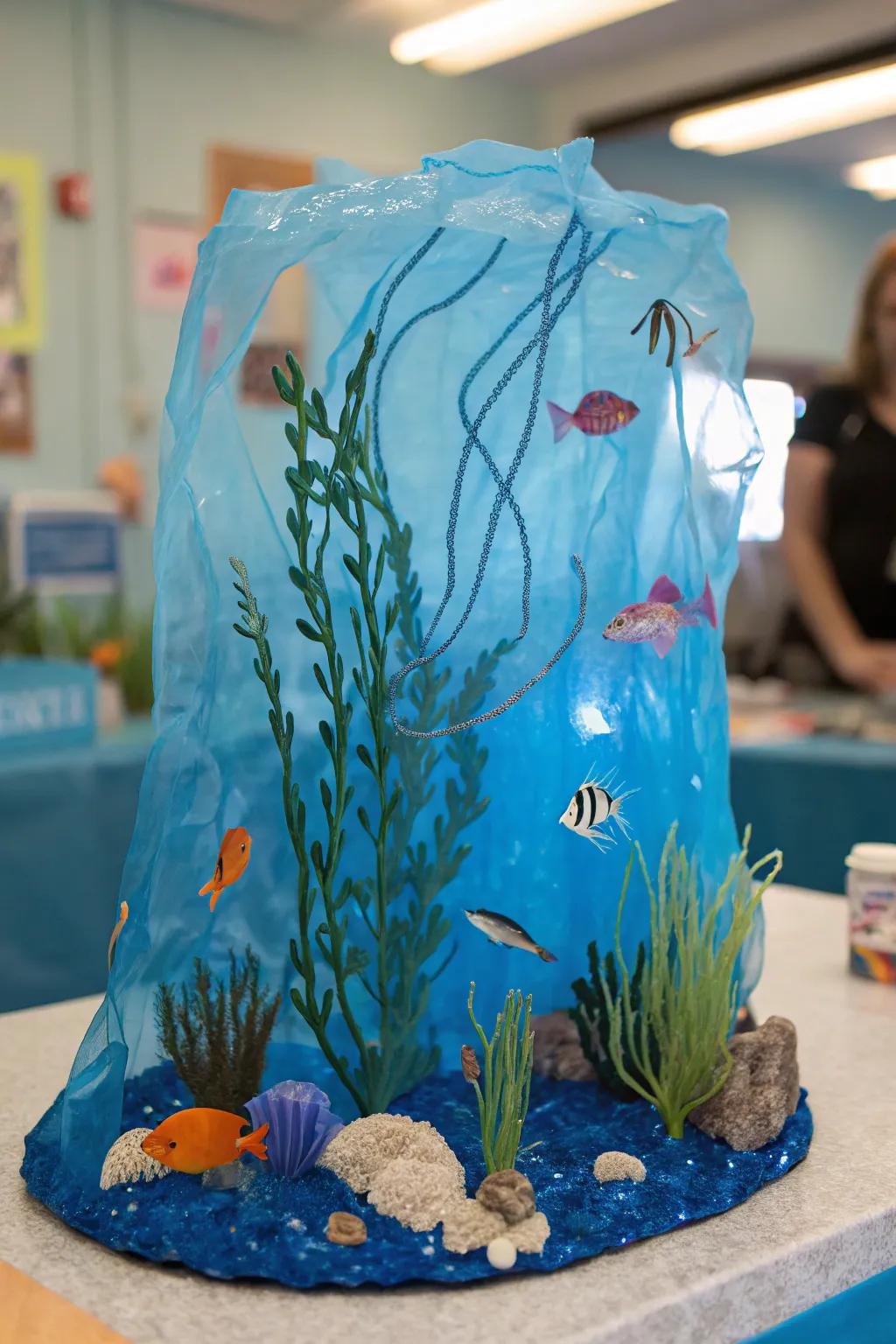 An enchanting ocean habitat diorama with vibrant marine life and flowing water.