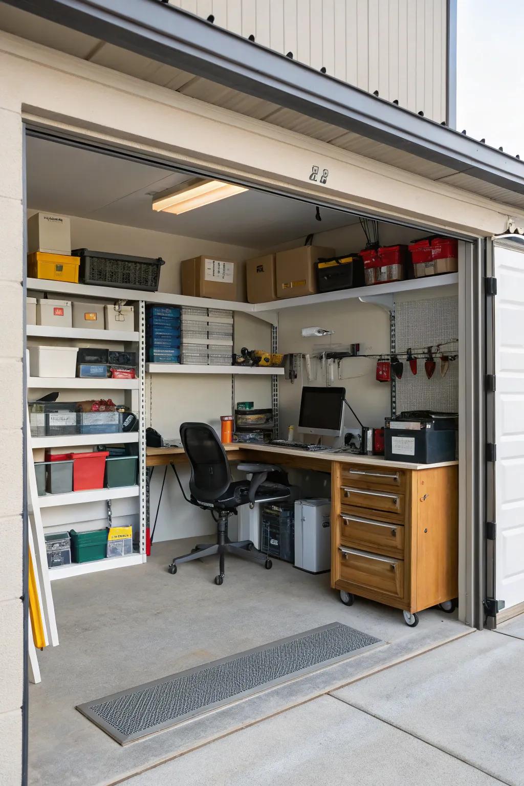 Shelving units can effectively divide and organize your garage office.