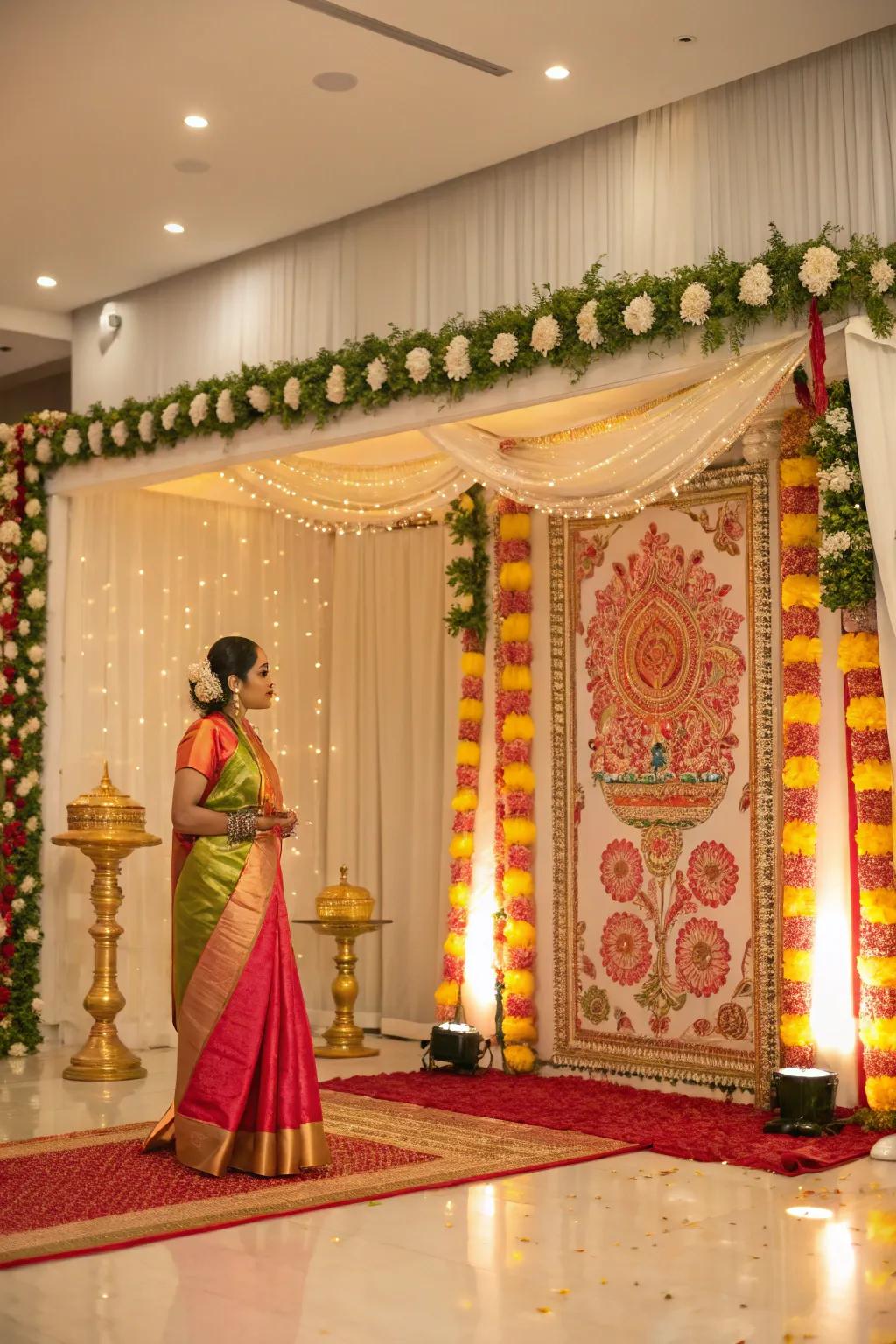 A thematic backdrop incorporating traditional motifs for a memorable celebration.