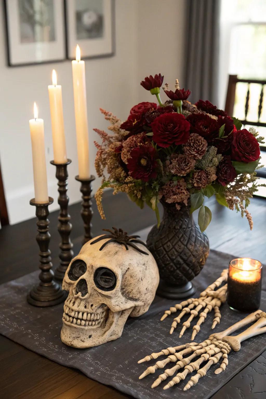 A floral arrangement with a spooky twist using a skull vase.