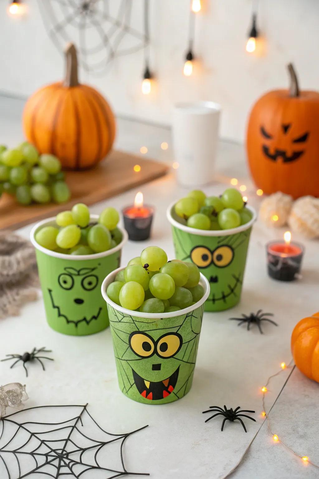 Frankenstein fruit cups adding a healthy twist to Halloween.