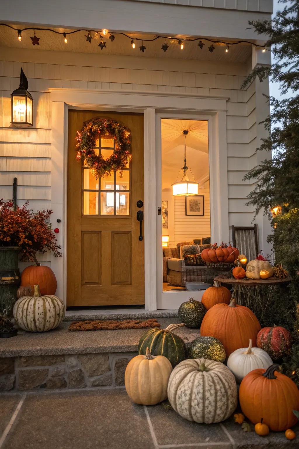 Pumpkins of all sizes create a welcoming Halloween vibe.