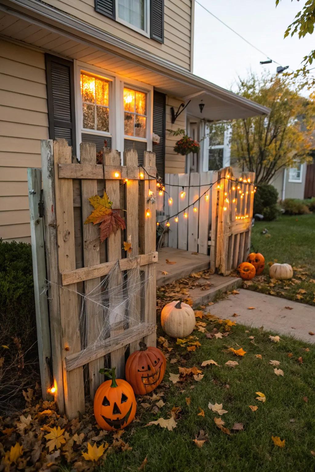 Repurposed pallets create a rustic Halloween fence.