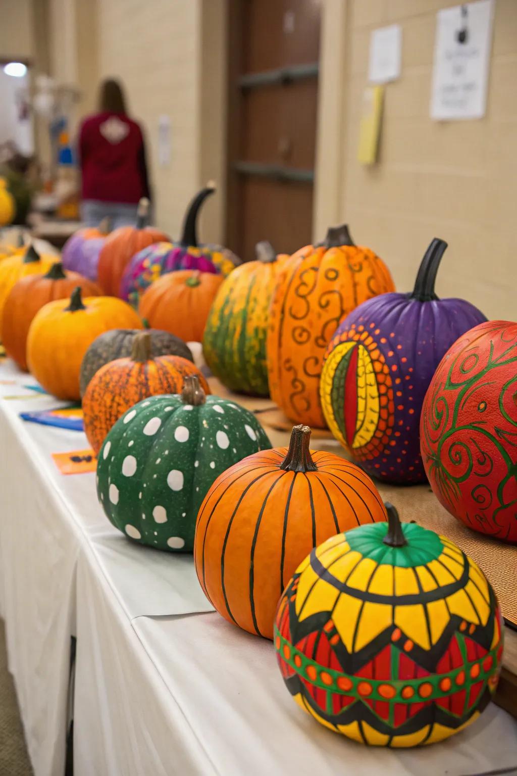 A collection of artistically painted pumpkins for Halloween.