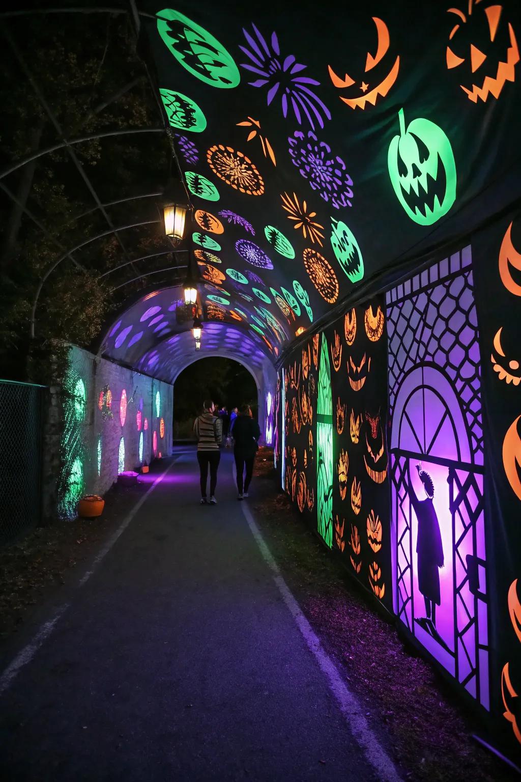 A glow-in-the-dark tunnel creates a playful yet spooky atmosphere.