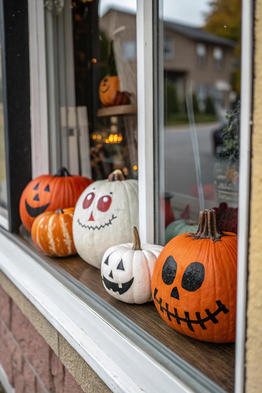 A cheerful parade of pumpkins ready to greet Halloween visitors.