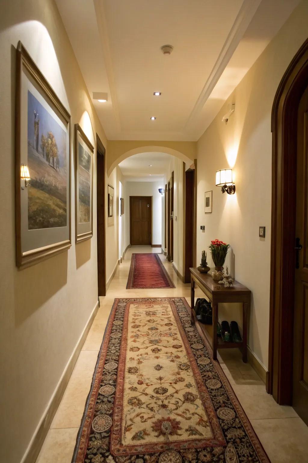 A patterned runner rug adds warmth and character to this inviting hallway.