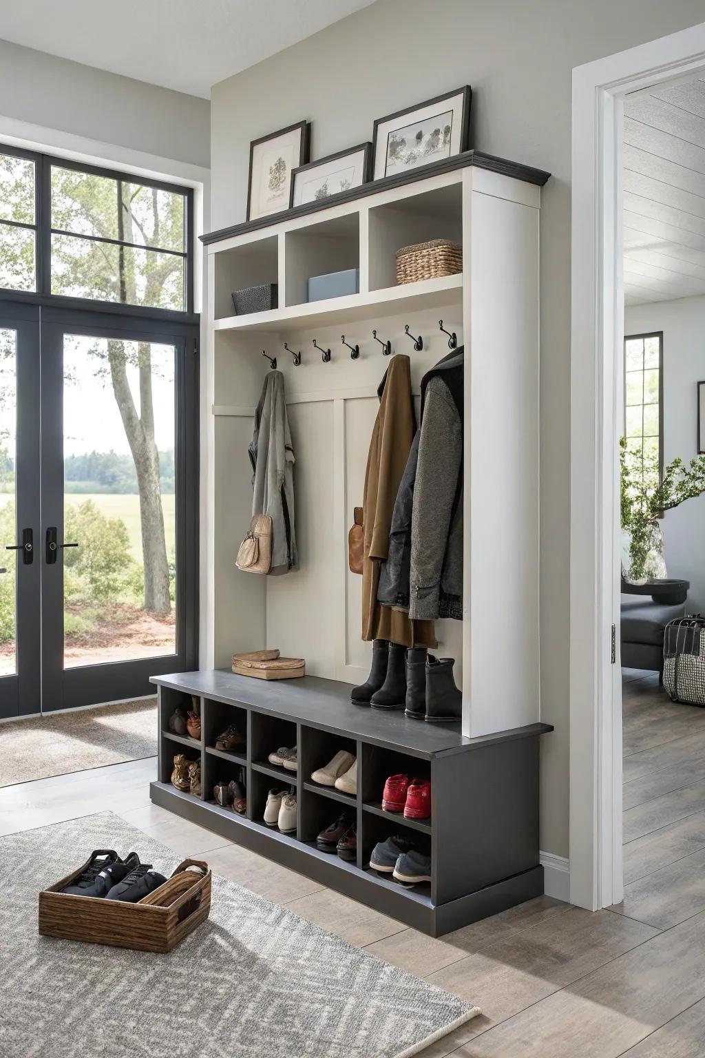 A hall tree providing all-in-one entryway organization.