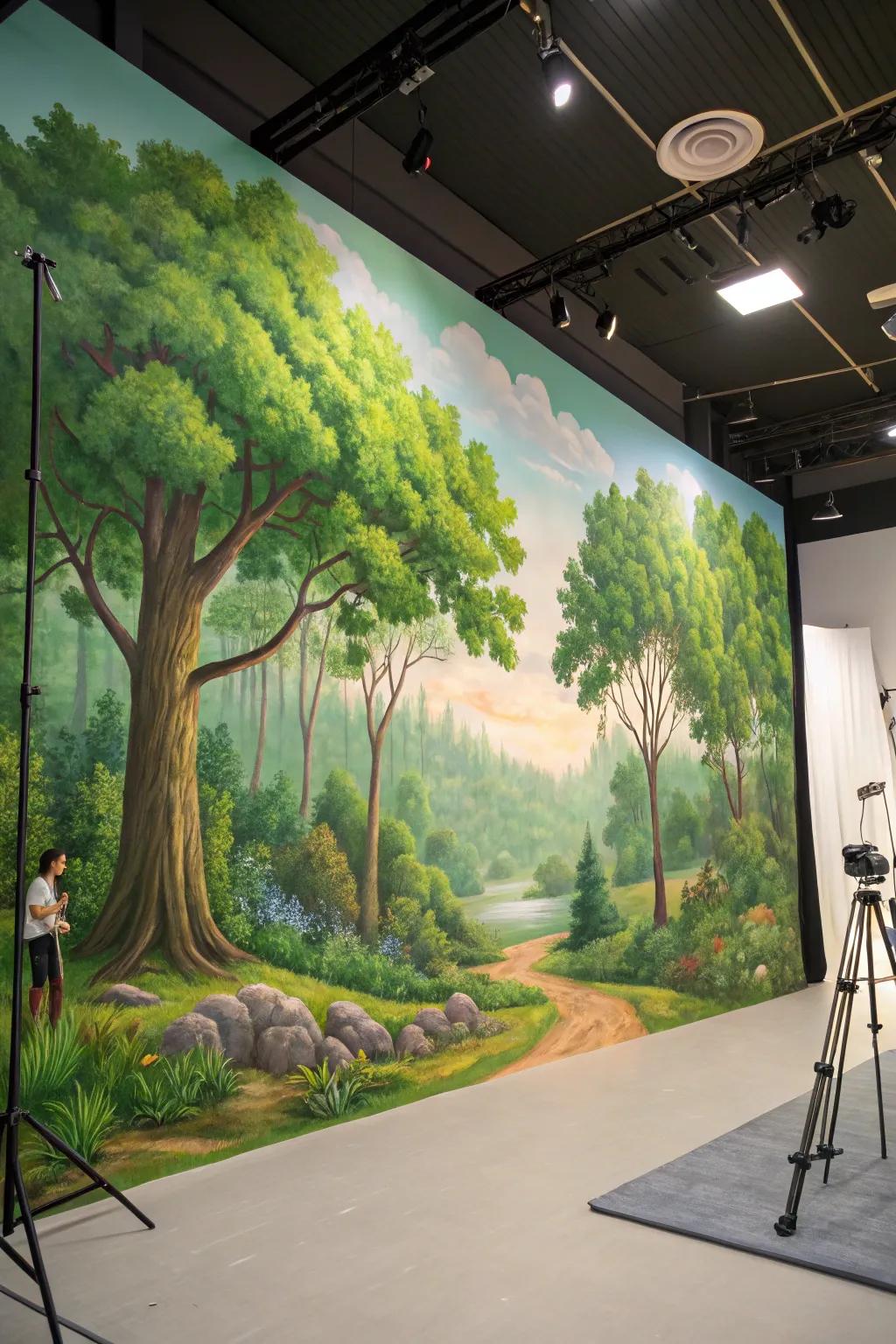 A nature mural brings the tranquility of a forest into the studio space.