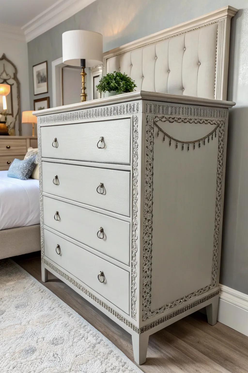 A simple IKEA dresser transformed with light gray paint and trim.