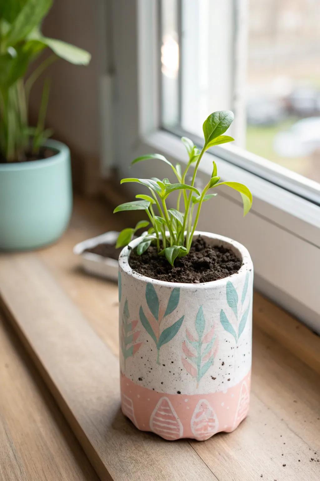 Transforming the ordinary into extraordinary: a delightful recycled bottle planter for little green thumbs.