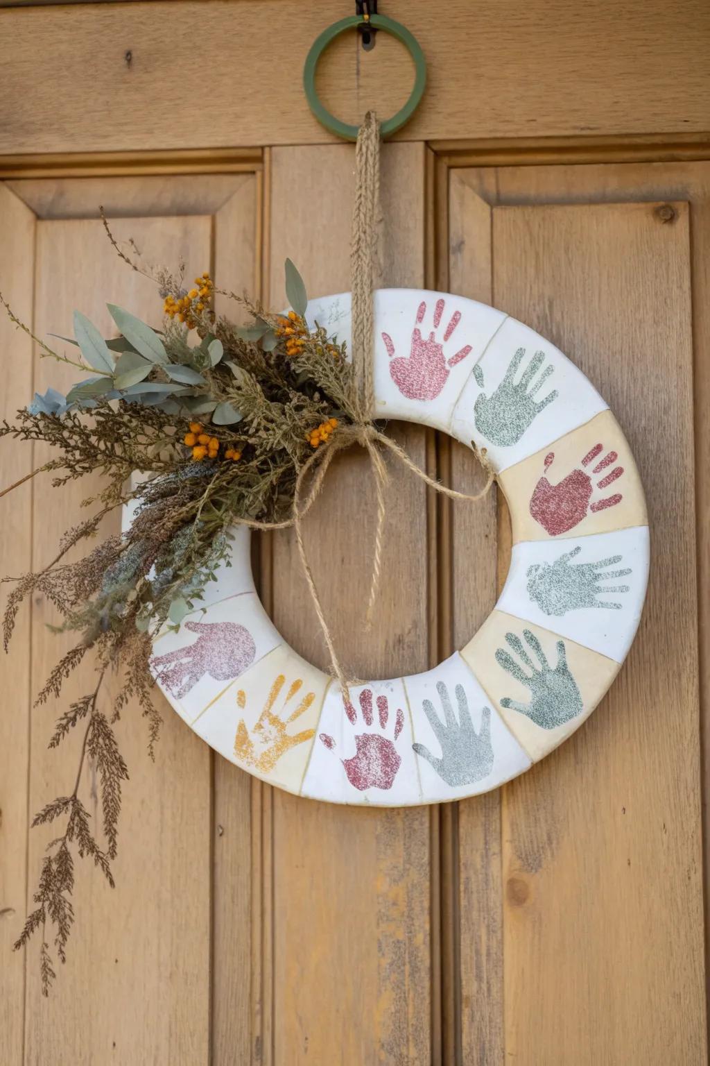Celebrate every season with a touch of hand-crafted charm. 🌿🖐️ #SeasonalWreath #HandprintCrafts