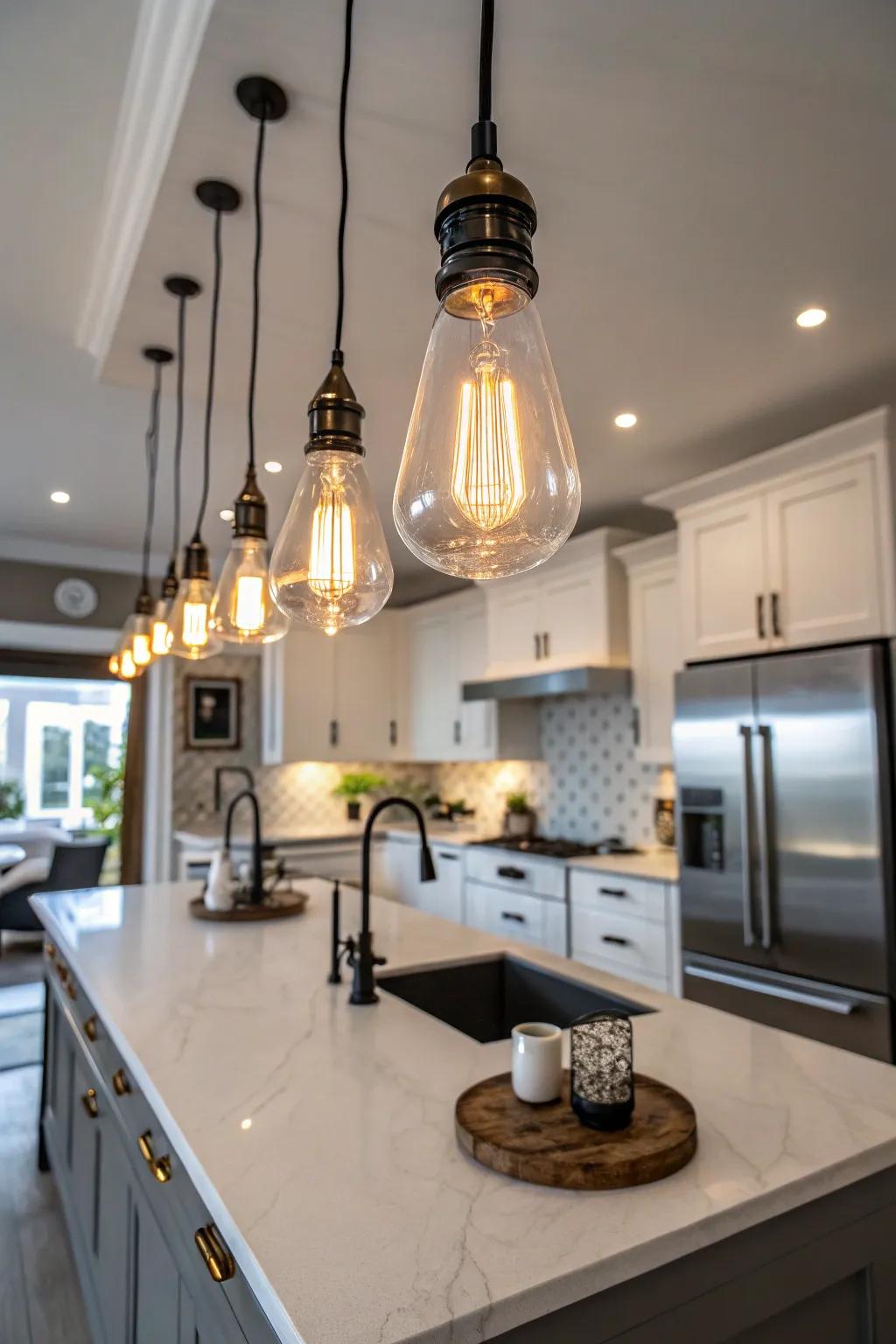 Edison bulbs bring industrial flair to kitchen islands.