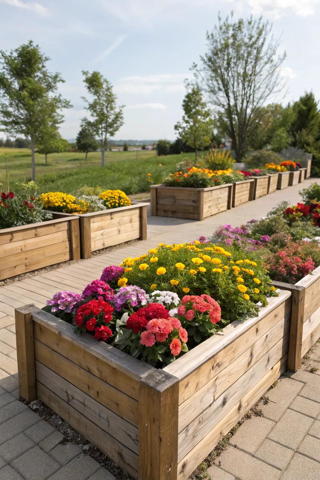 Raised planters add depth and focus to your flower garden.