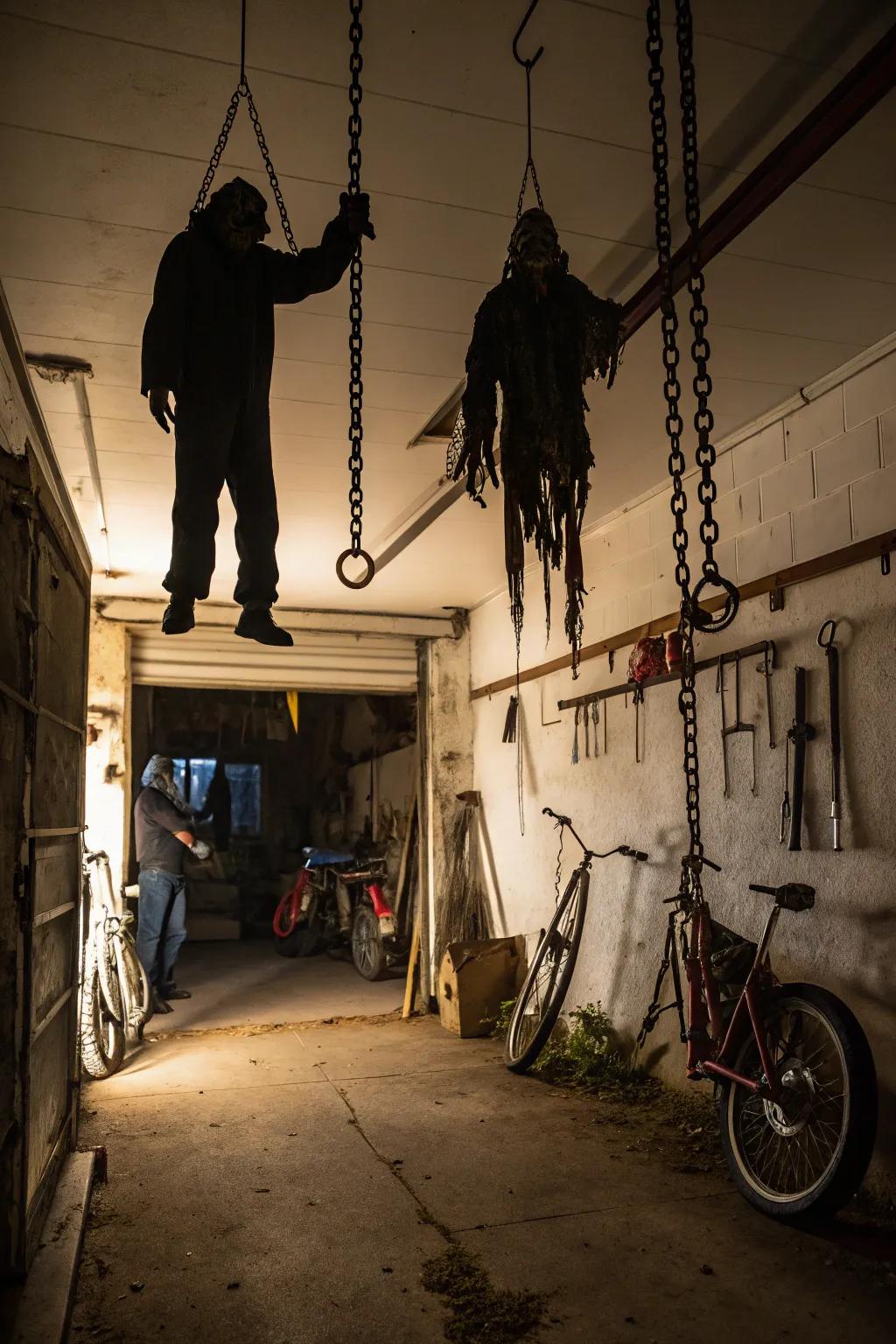 Suspended monsters bring your haunted garage to life.