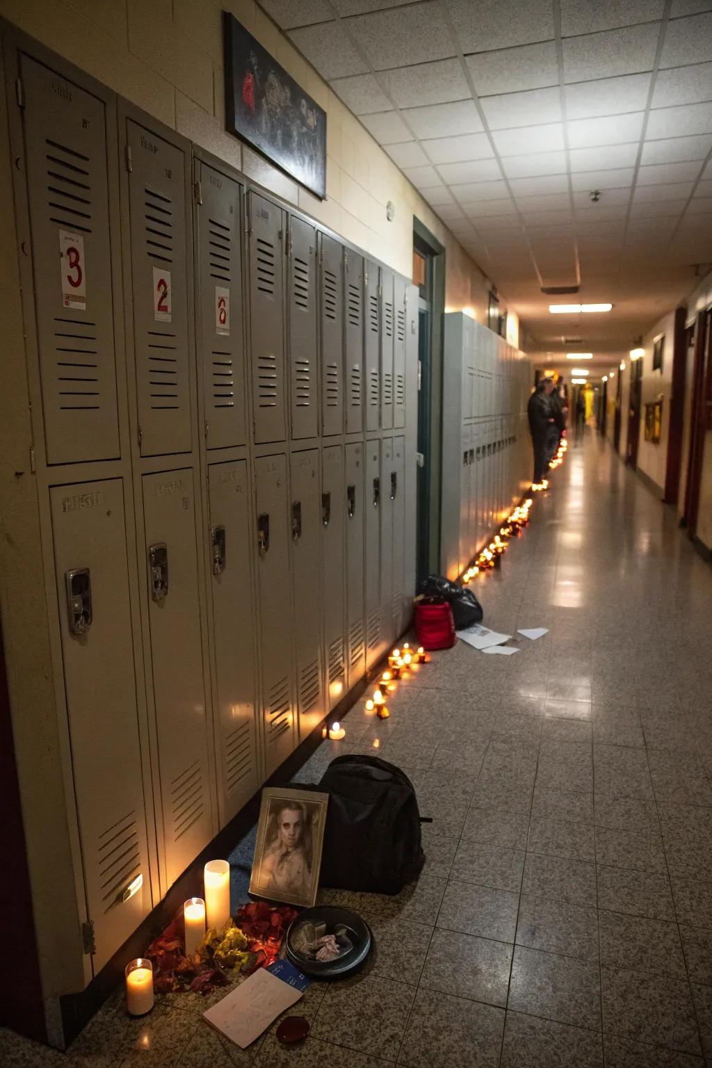 A haunting locker room with flickering lights and eerie notes.