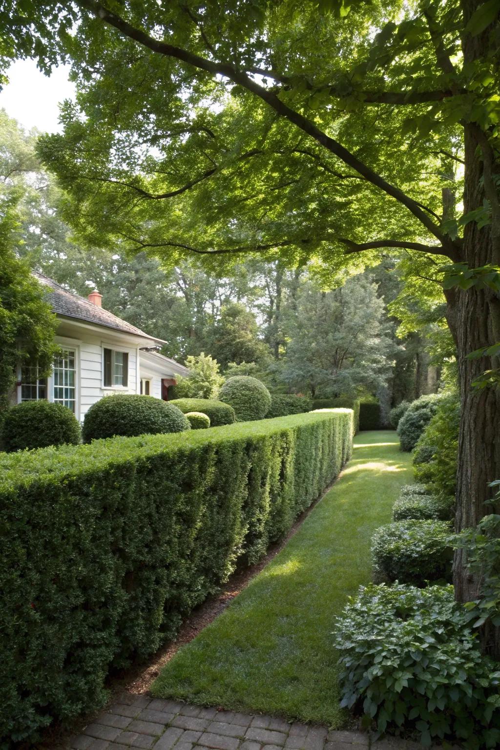 Dense yew hedges offering a lush green border in a shaded area.