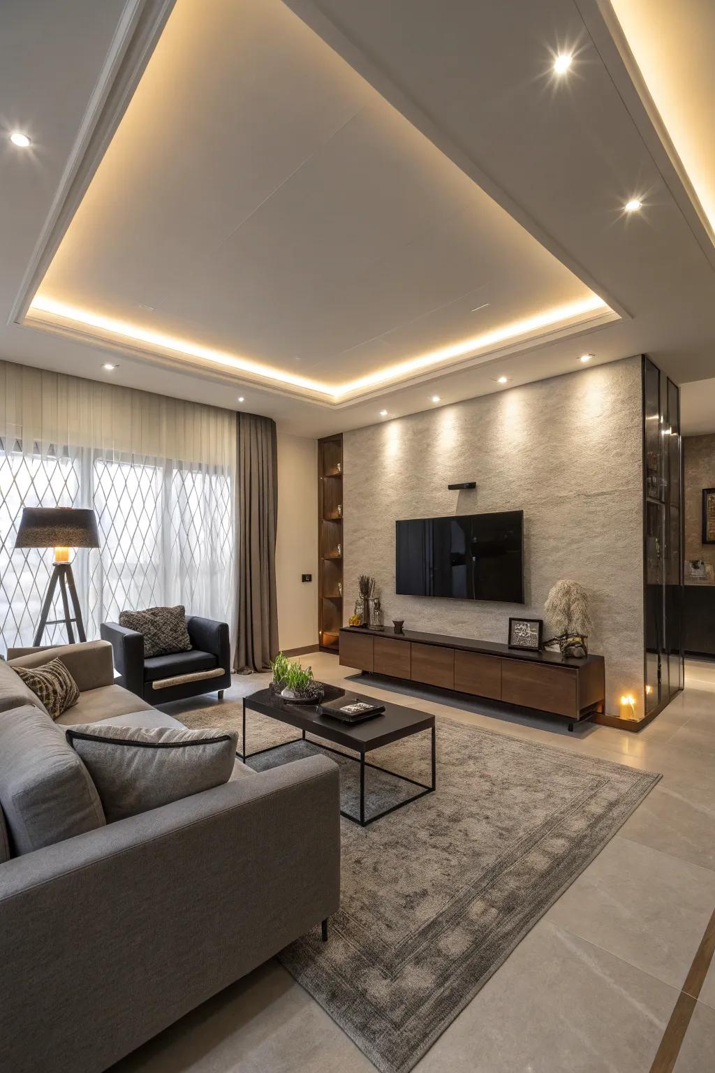 A living room with cove lighting casting a soft glow on the ceiling.