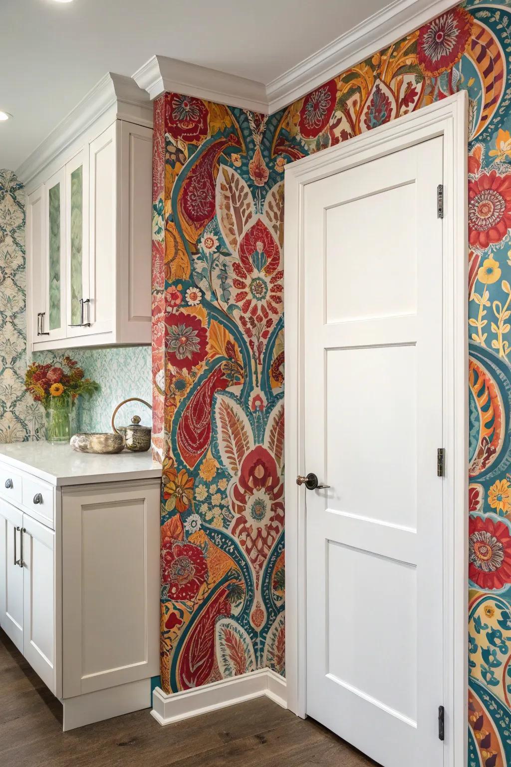 A vibrant wallpaper conceals a hidden pocket door in the kitchen.