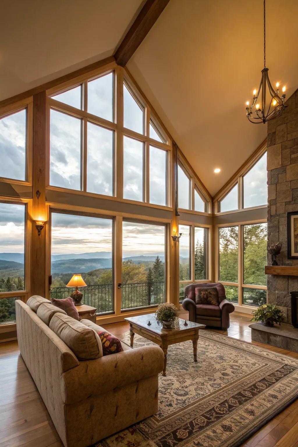 Floor-to-ceiling windows enhance natural light and views in high-ceilinged living rooms.