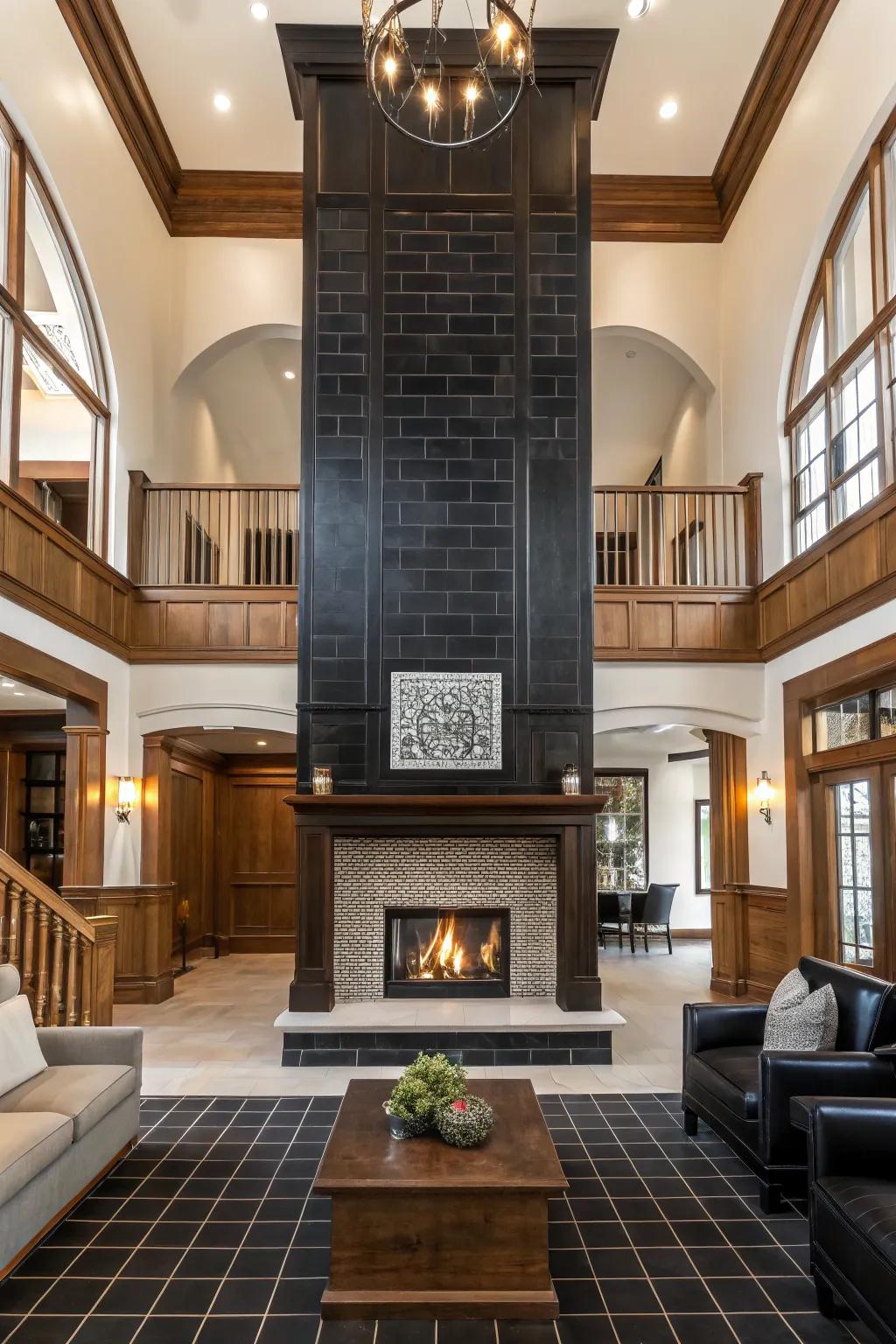 A modern fireplace with black tiles creating a striking focal point in the room.