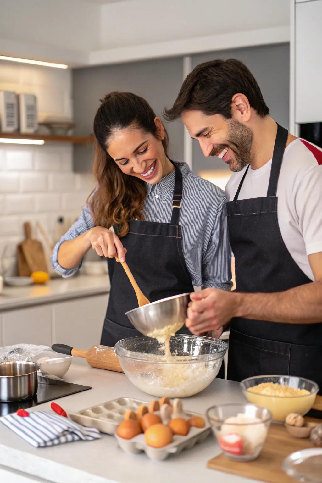 A couple enjoying a hands-on cooking class together.